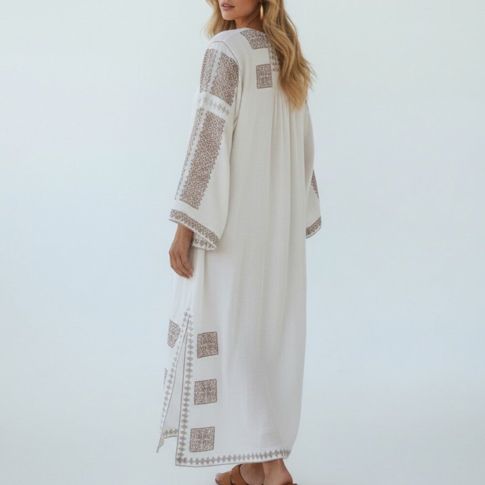 Tuckernuck x India Hicks Caftan Dress Cream Brown Print Maxi NWT Size S - Picture 14 of 14